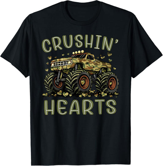 Valentine Camouflage Truck Crushin' Hearts Boy Kids Monster T-Shirt - T-Shirt | Black