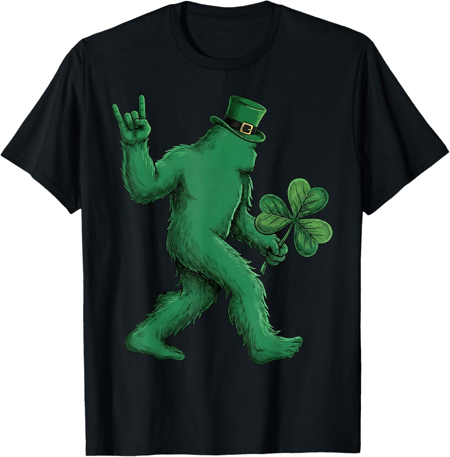St Patricks Day Bigfoot Rock Sasquatch Leprechaun Shamrock T-Shirt - T-Shirt | Black