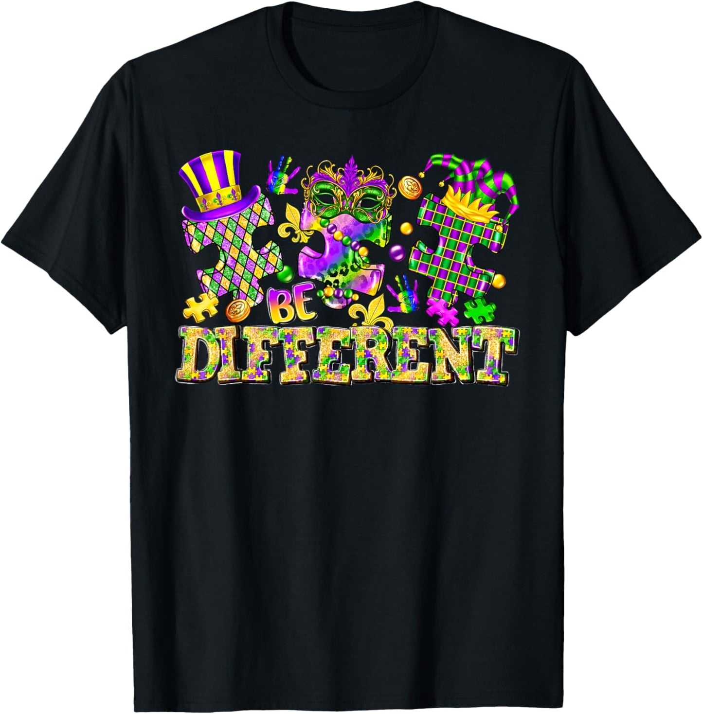 Be Different Puzzle Piece Mardi Gras New Orleans Autism T-Shirt - T-Shirt | Black