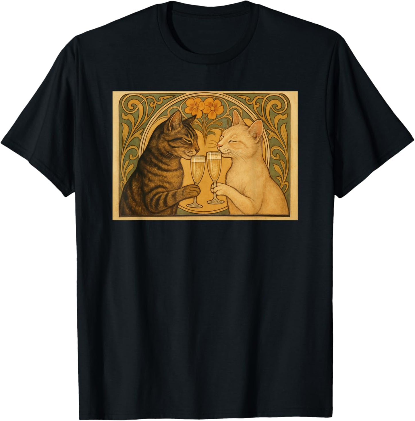 Art Nouveau Inspired Cat Illustration - Fun Cute T-Shirt - T-Shirt | Black
