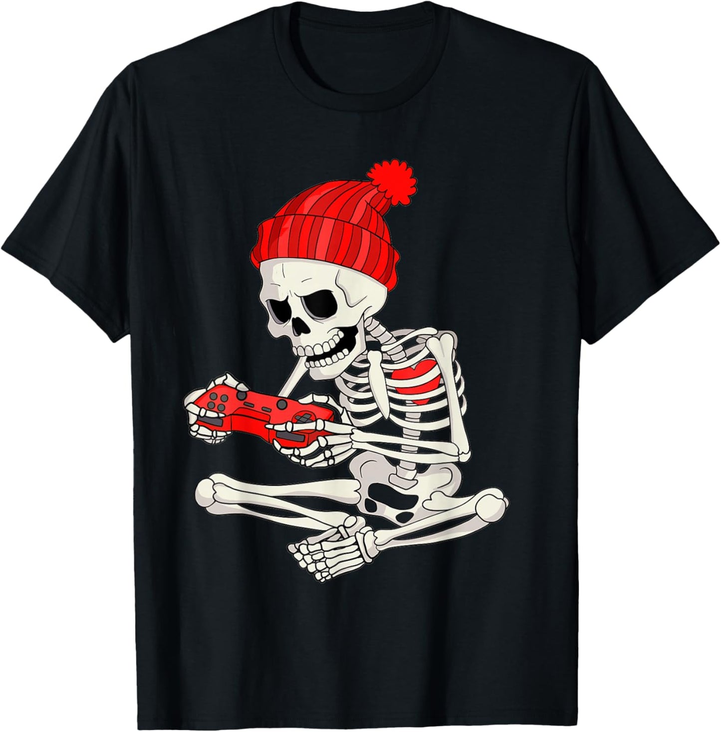 Funny Boys Valentines Skeleton Gamer Video Games Gaming T-Shirt - T-Shirt | Black