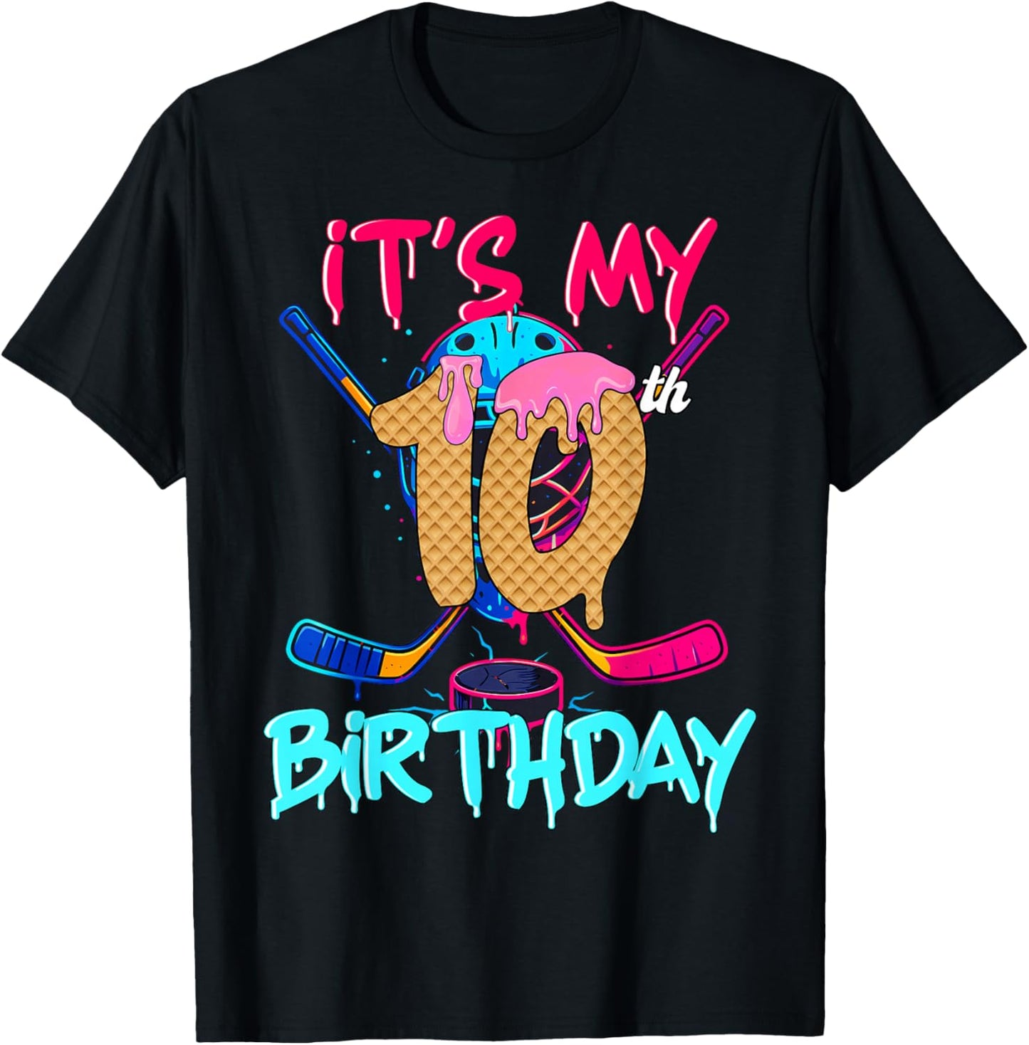 Hockey Ice Cream Drip It's My 10th Birthday Number 10 Player T-Shirt - T-Shirt | Black