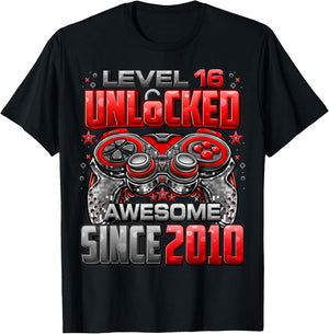 Level 16 Unlocked Awesome Since 2010 16th Birthday Gaming T-Shirt - T-Shirt | Black
