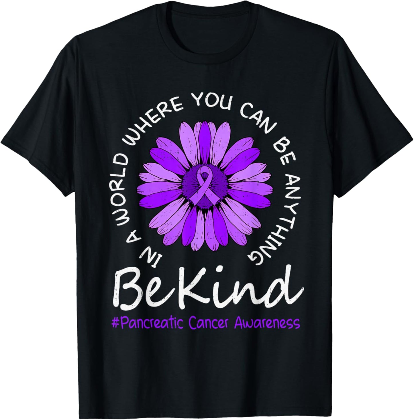 Be Kind Pancreatic Cancer Awareness Sunflower Ribbon Purple T-Shirt - T-Shirt | Black