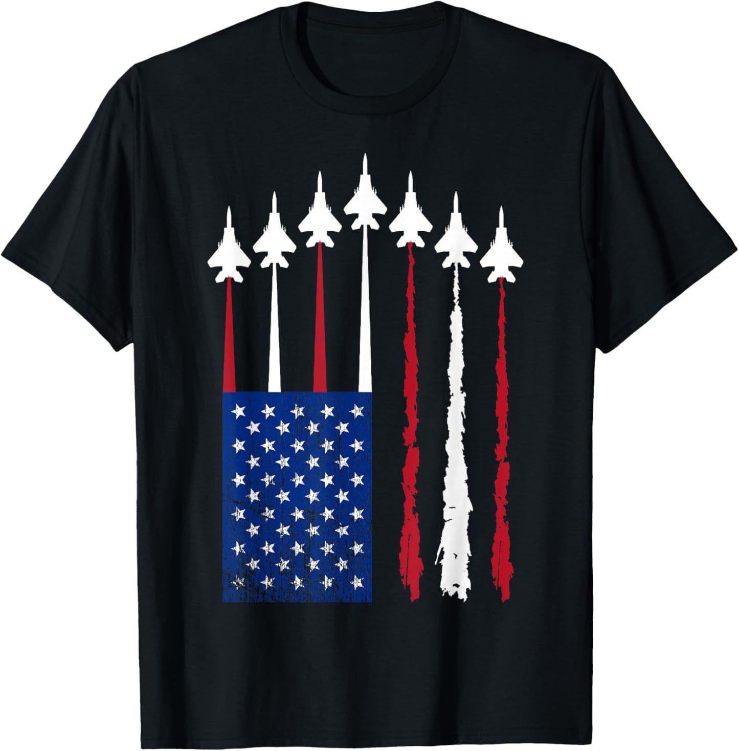 American Flag Fighter Jets Patriotic USA Red White and Blue T-Shirt - T-Shirt | Black