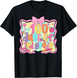 Preppy 100 Days of 2nd Grade Teacher Kids Coquette Bow T-Shirt - T-Shirt | Black