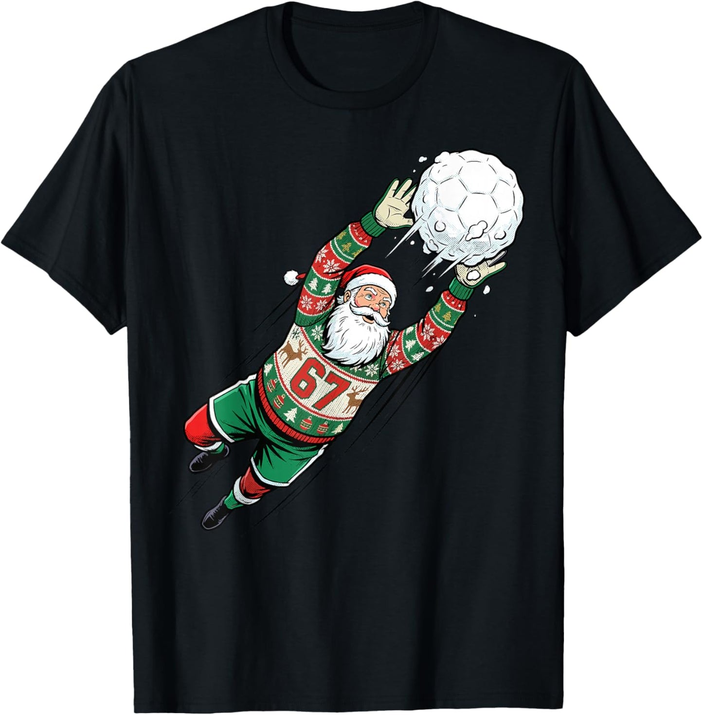Santa 67 Soccer Goalie Ugly Sweater Funny Christmas Sports T-Shirt - T-Shirt | Black
