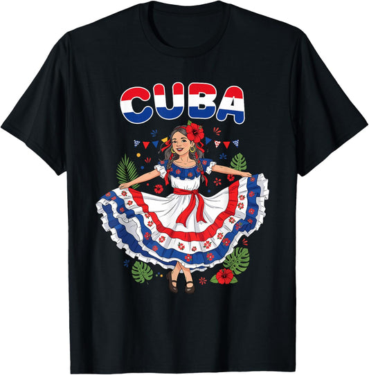 Cuba Cuban Girl Traditional Dress Tropical Flowers T-Shirt - T-Shirt | Black