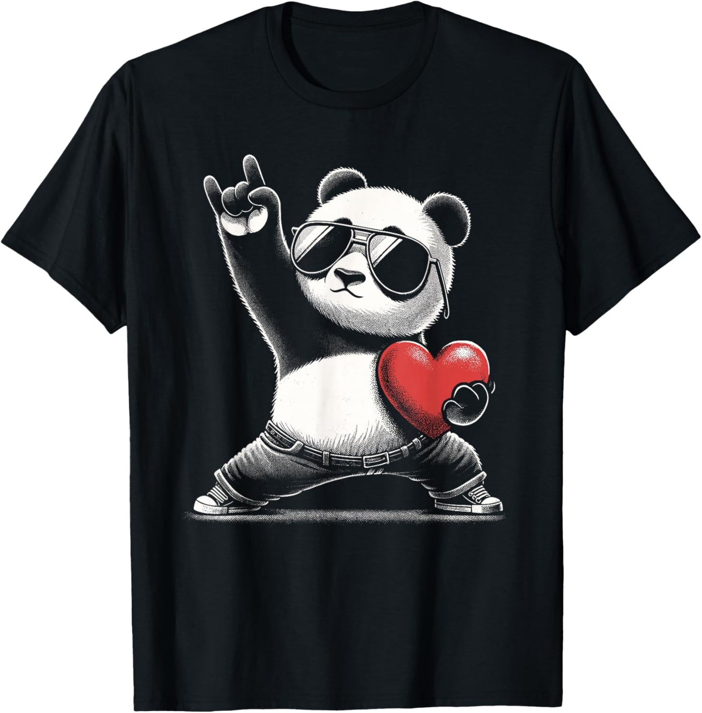 Retro Panda Rock Men Women Kids Funny St. Valentine's T-Shirt - T-Shirt | Black