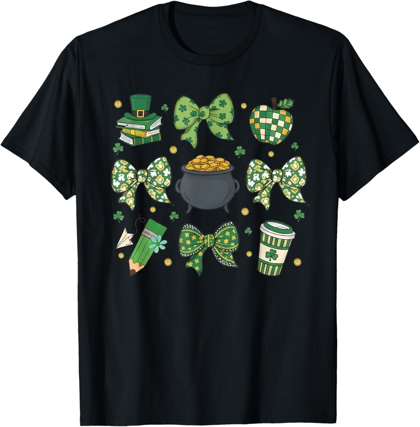 Lucky Teacher St Patricks Day Shamrock Coquette Bow Women T-Shirt - T-Shirt | Black