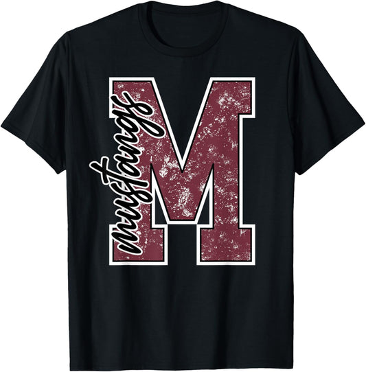 Maroon Mustangs Distressed Letter School Spirit Mustang T-Shirt - T-Shirt | Black