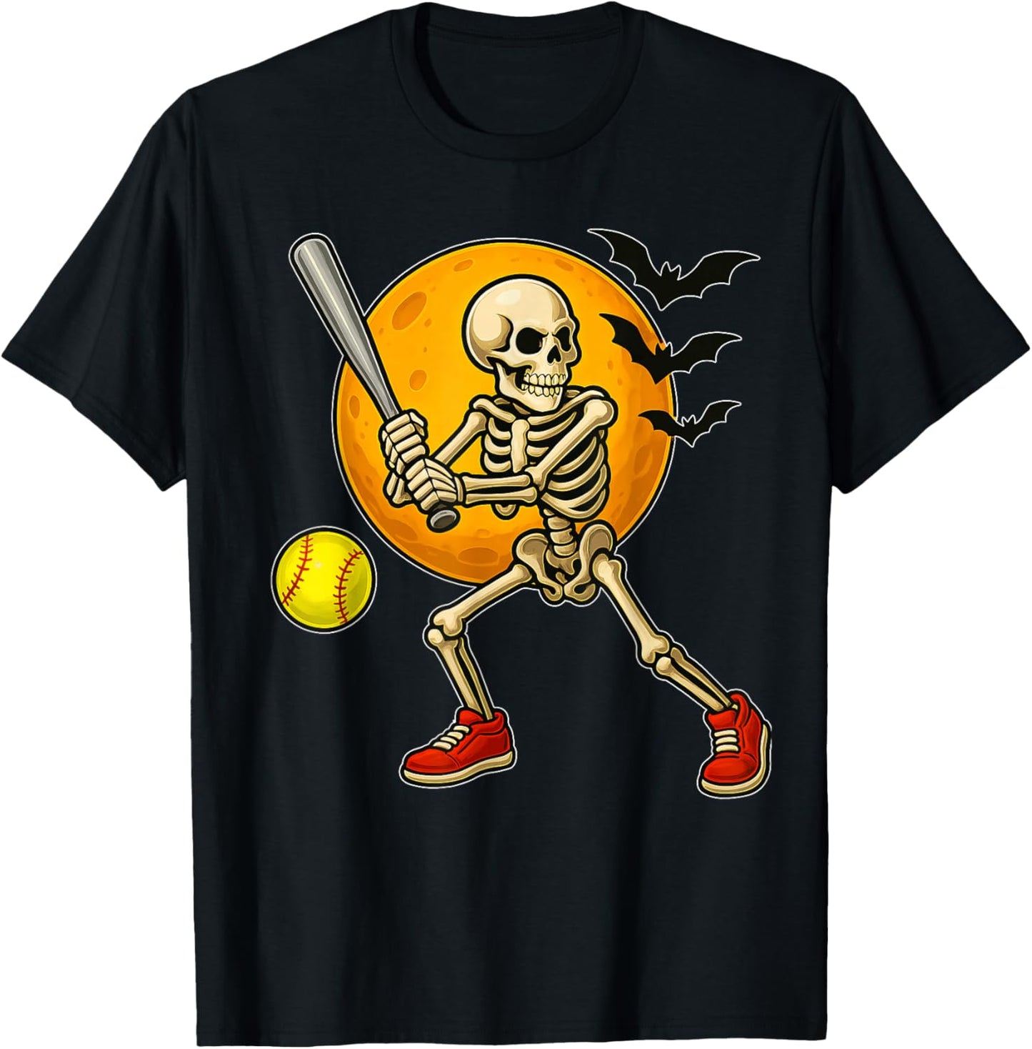 Softball Player Skeleton with Moon Halloween Costume Boys T-Shirt - T-Shirt | Black