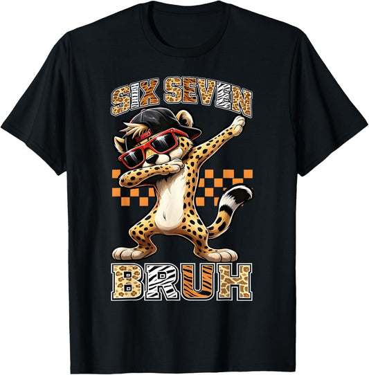 Six Seven Bruh Cheetah Animal Print Dabbing Gift Boy Kid T-Shirt - T-Shirt | Black
