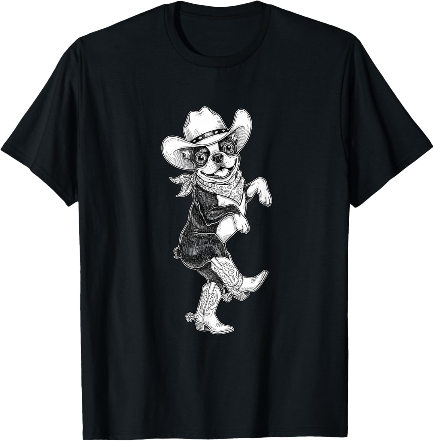 Howdy Boston Terrier Cowboy Western Country Vintage Sketch T-Shirt - T-Shirt | Black