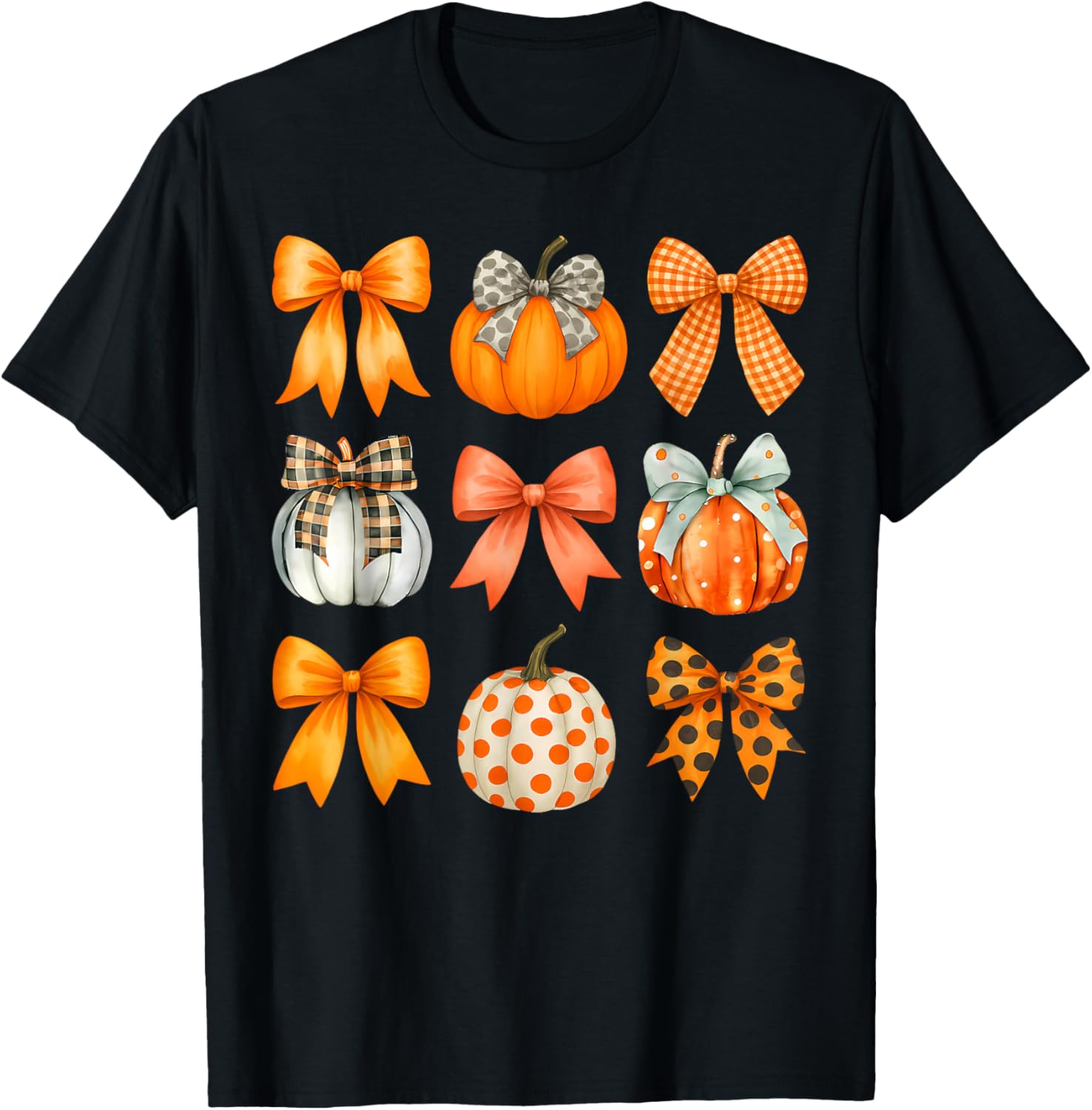 Coquette Bow Pumpkin Season Thanksgiving Autumn Fall Leaves T-Shirt - T-Shirt | Black