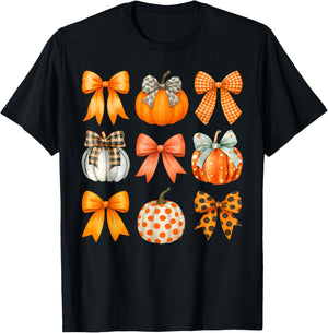 Coquette Bow Pumpkin Season Thanksgiving Autumn Fall Leaves T-Shirt - T-Shirt | Black