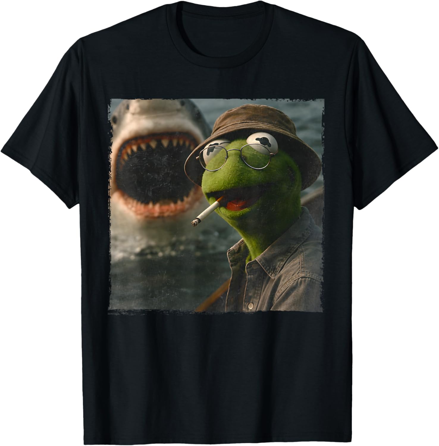 Funny Smoking Frog Meme Vintage Shark Attack Parody T-Shirt - T-Shirt | Black