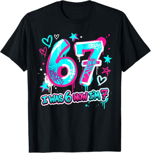 Six Seven Meme 7 Year Old Birthday Shirt was 6 Now I'm 7 T-Shirt - T-Shirt | Black