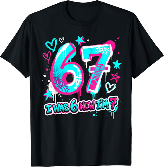 Six Seven Meme 7 Year Old Birthday Shirt was 6 Now I'm 7 T-Shirt - T-Shirt | Black