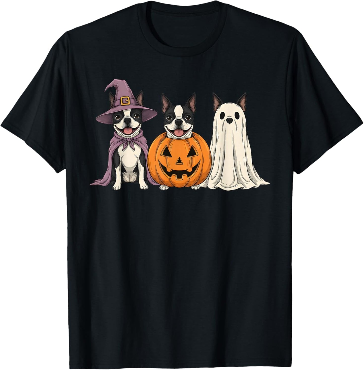 Spooky Ghost Boston Terrier Pumpkin Halloween Dog Lover T-Shirt - T-Shirt | Black