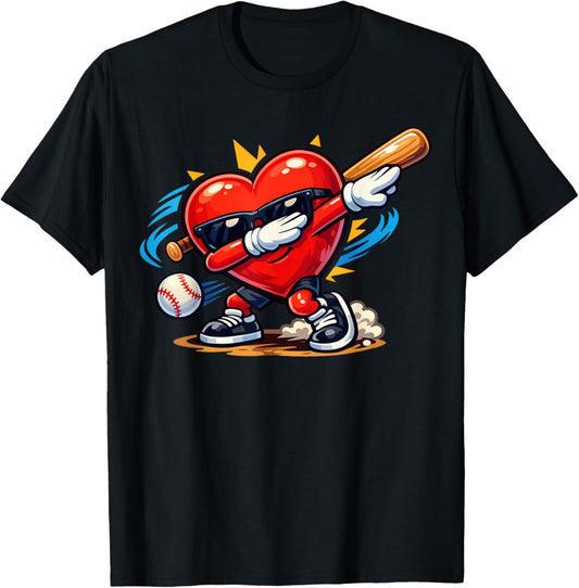 Valentines Day Baseball Funny Dabbing Red Heart Love Boys T-Shirt - T-Shirt | Black
