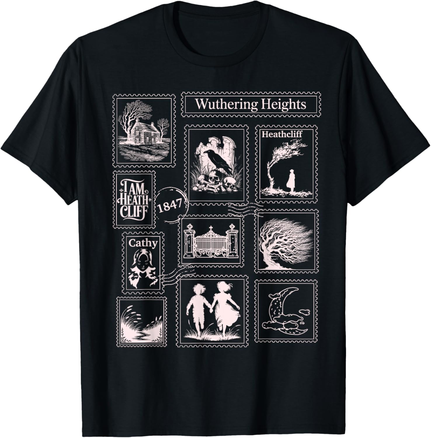 Wuthering Heights Gothic Book Lover Stamps T-Shirt - T-Shirt | Black