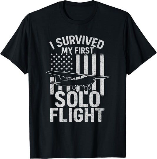 I Survived My First Solo Flight with USA Flag T-Shirt - T-Shirt | Black