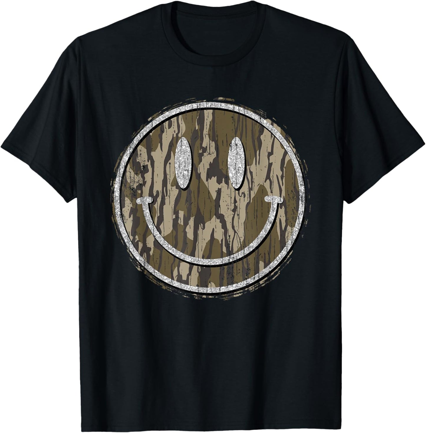 Vintage Hunting Camo Smile Face Camouflage Happy Smiling T-Shirt - T-Shirt | Black