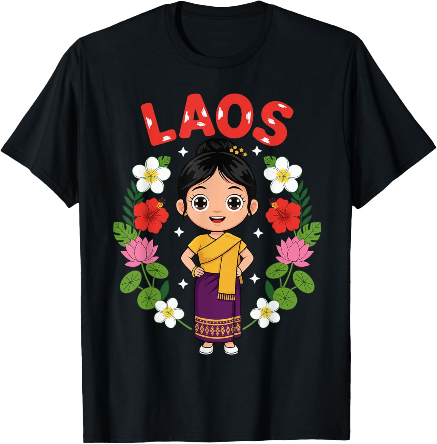 Laos Laotian Girl Traditional Dress Flowers Heritage T-Shirt - T-Shirt | Black