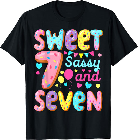 Kids 7th Birthday Sweet Sassy and Seven Birthday Girl Donut T-Shirt - T-Shirt | Black