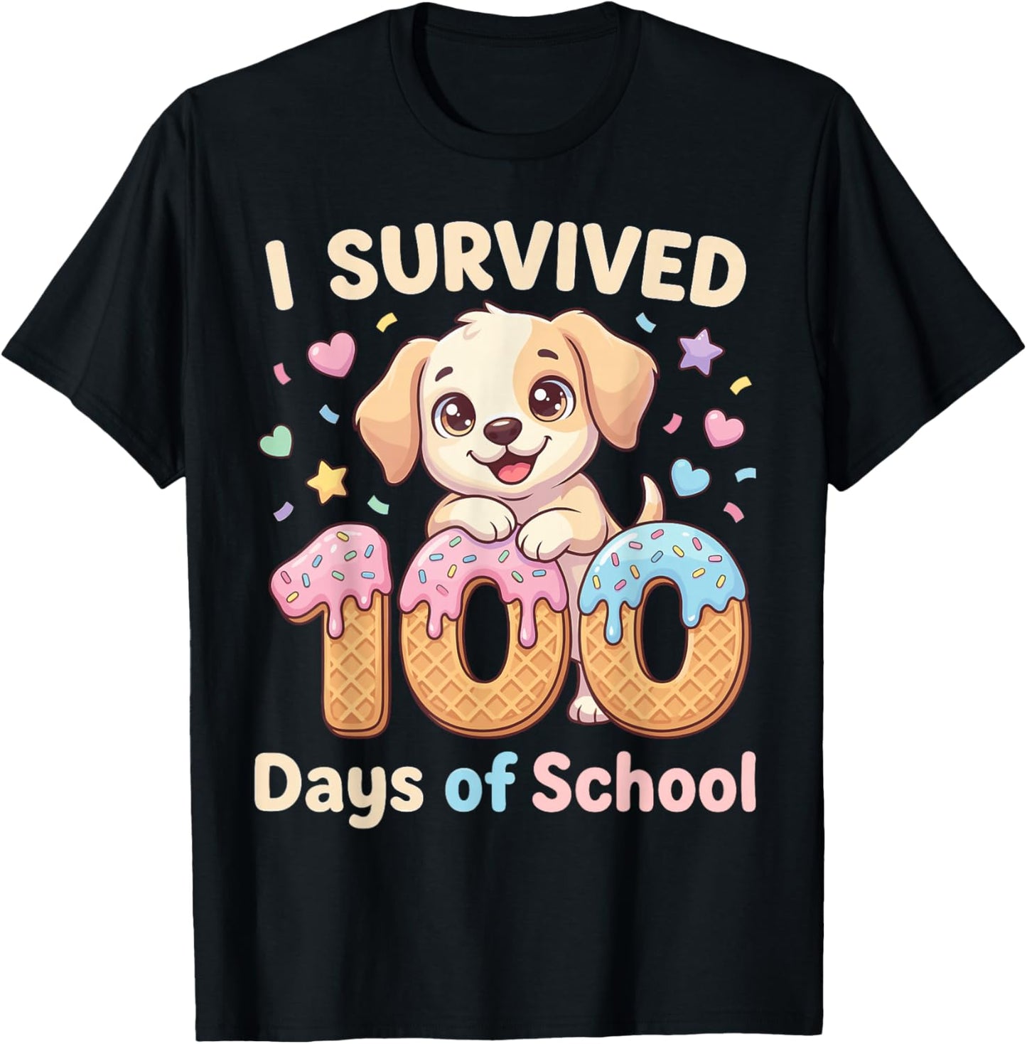 I Survived 100 Days of School Funny Punny Dog Ice Cream Drip T-Shirt - T-Shirt | Black