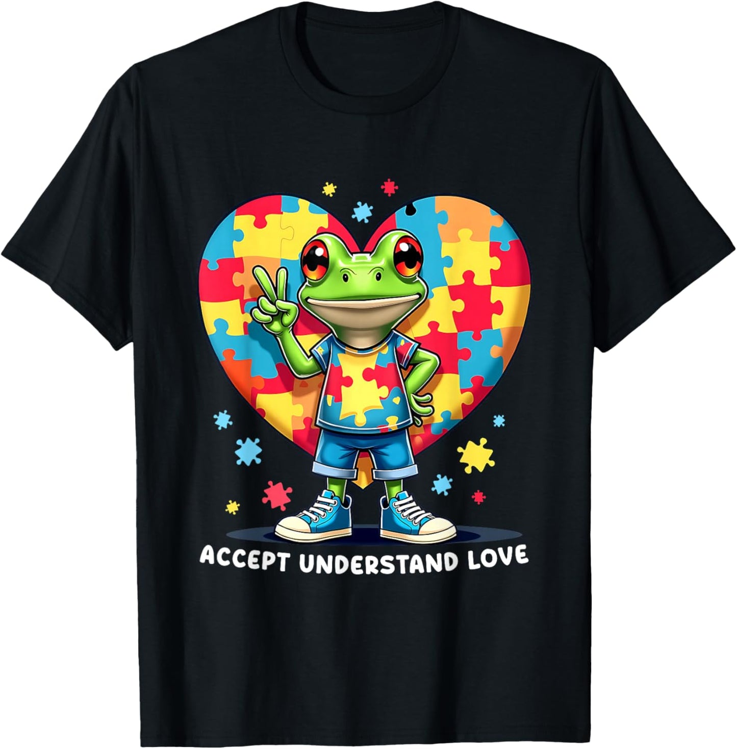 Puerto Rico Coqui Frog Autism Acceptance Puzzle Heart Art T-Shirt - T-Shirt | Black