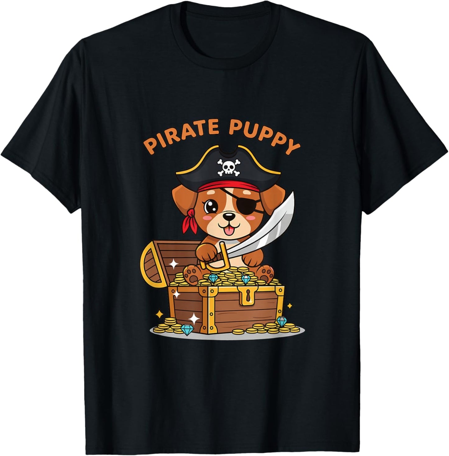 Pirate Puppy Dog with Treasure Chest Halloween T-Shirt - T-Shirt | Black