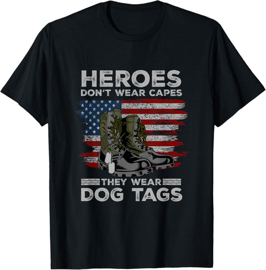 Heroes Don't Wear Capes They Wear Dog Tags Combat Boots Vet T-Shirt - T-Shirt | Black