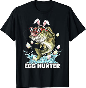 Egg Hunter Easter Funny Fishing Easter Bunny Ears Fisherman T-Shirt - T-Shirt | Black