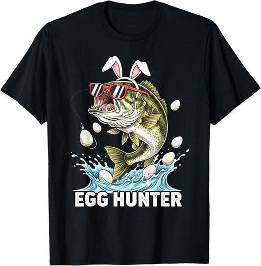 Egg Hunter Easter Funny Fishing Easter Bunny Ears Fisherman T-Shirt - T-Shirt | Black