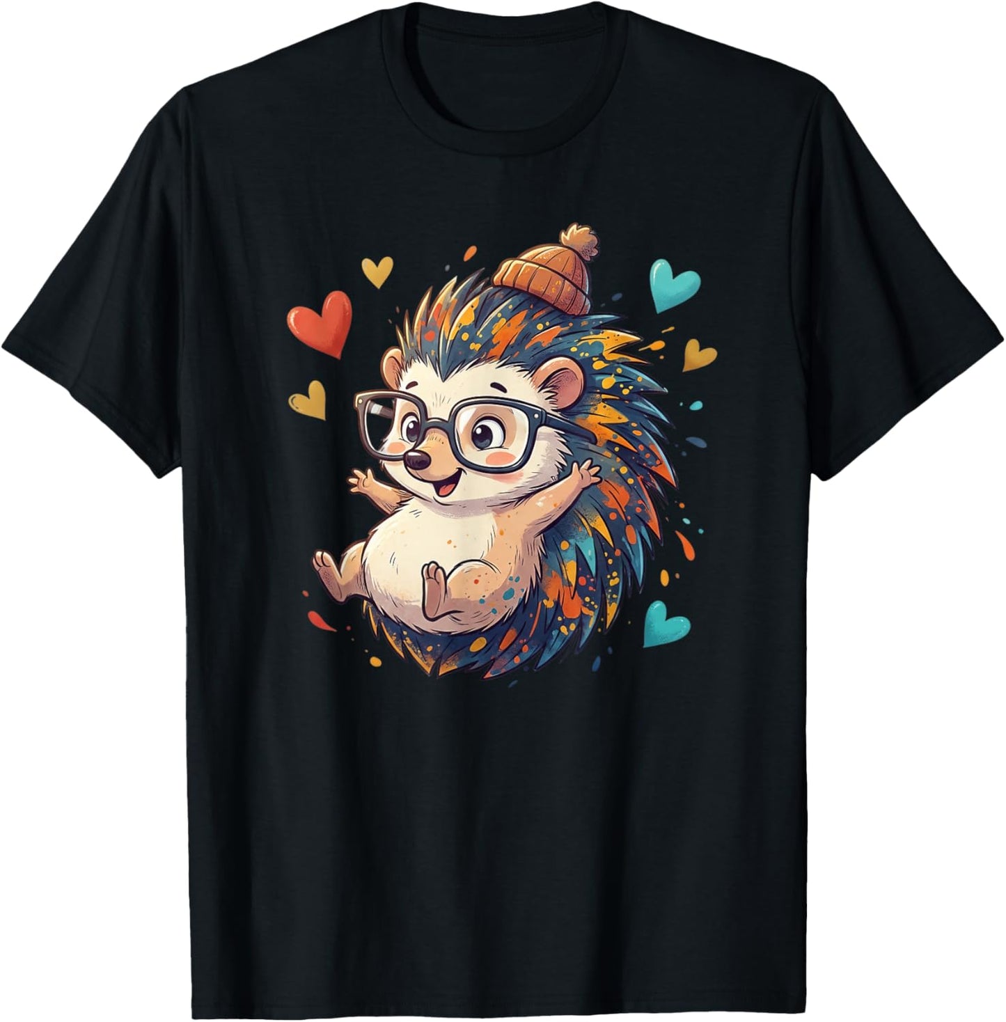 Cute Nerdy Hedgehog with Glasses and Colorful Hearts T-Shirt - T-Shirt | Black
