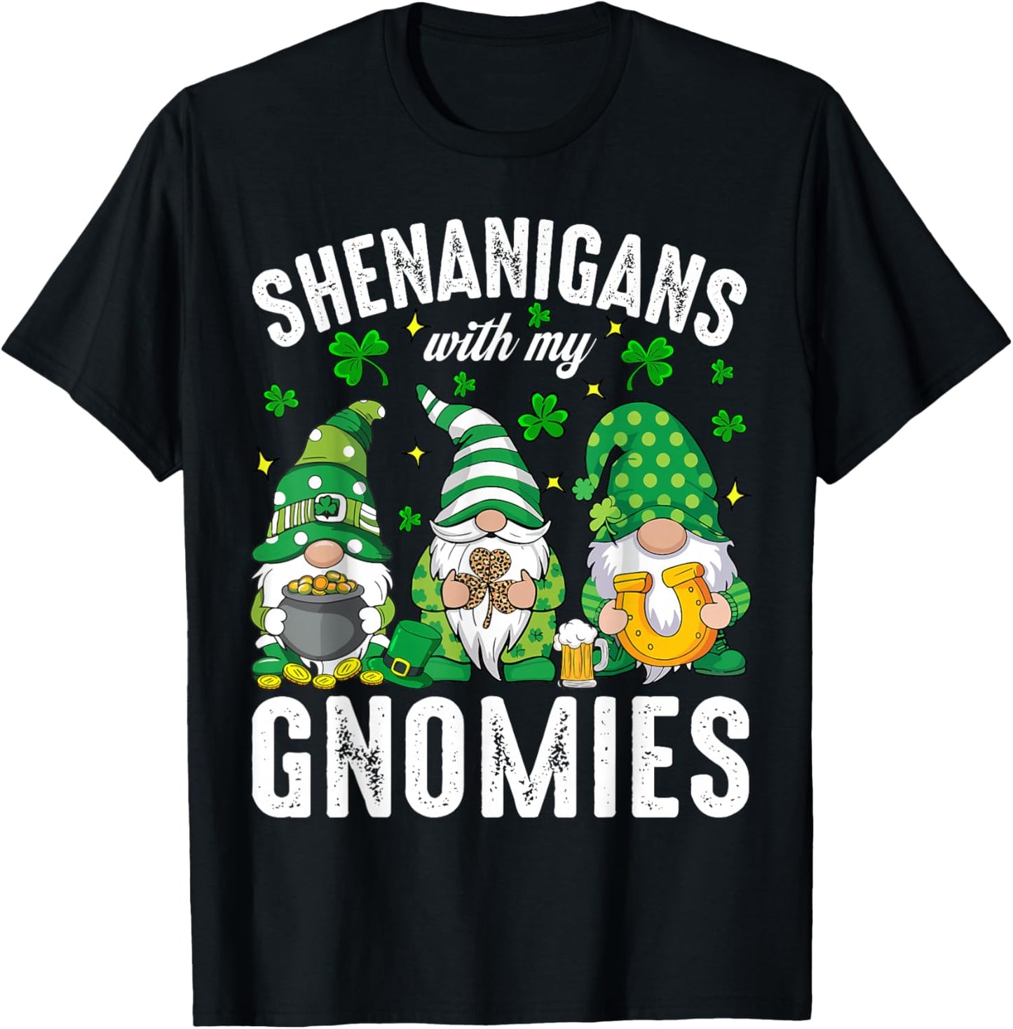 St Patricks Day Lucky Shamrock Leopard Gnomes Irish T-Shirt - T-Shirt | Black