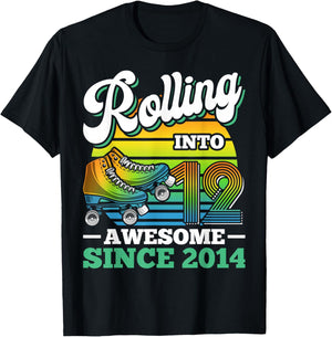 Rolling Into 12 Roller Skating Birthday Party 12th Birthday T-Shirt - T-Shirt | Black