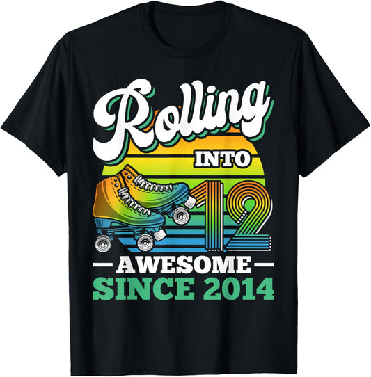 Rolling Into 12 Roller Skating Birthday Party 12th Birthday T-Shirt - T-Shirt | Black