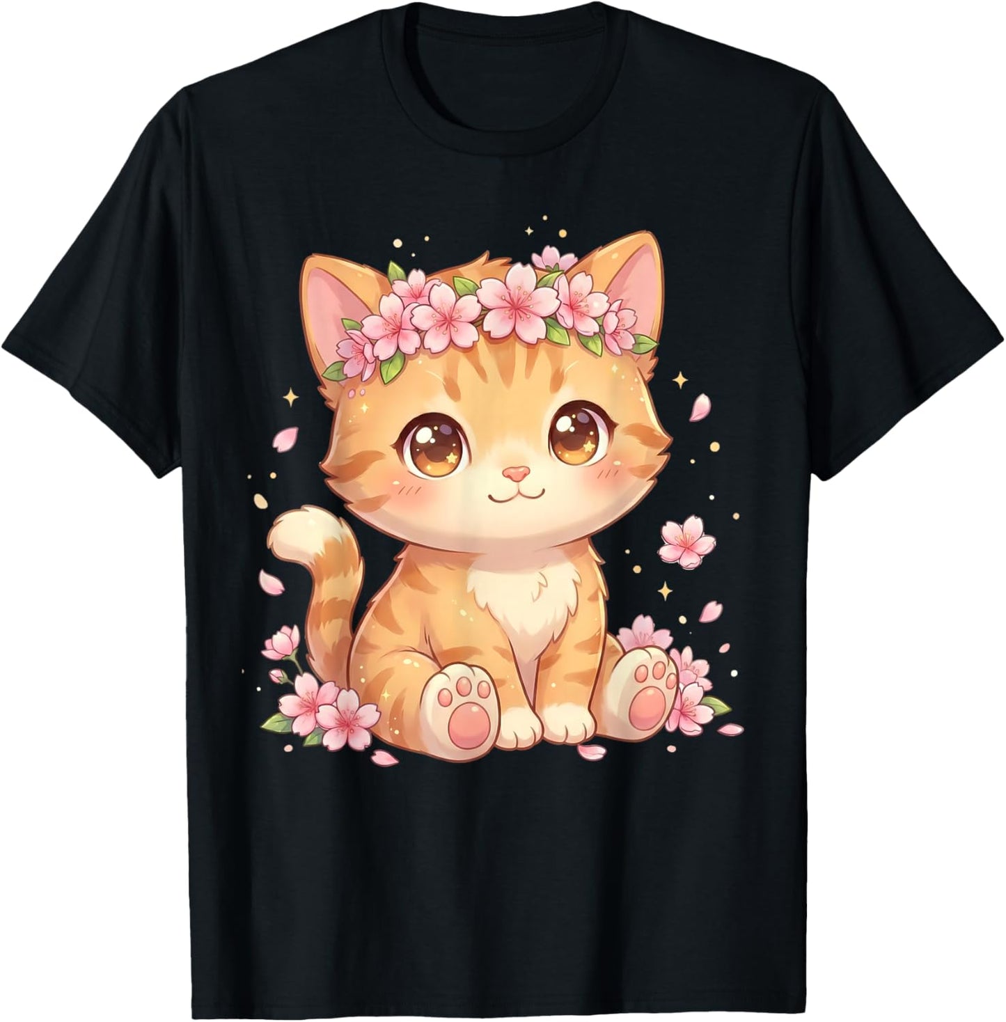 Cute Anime Cat with Cherry Blossoms Flower Kids Girls Boys T-Shirt - T-Shirt | Black