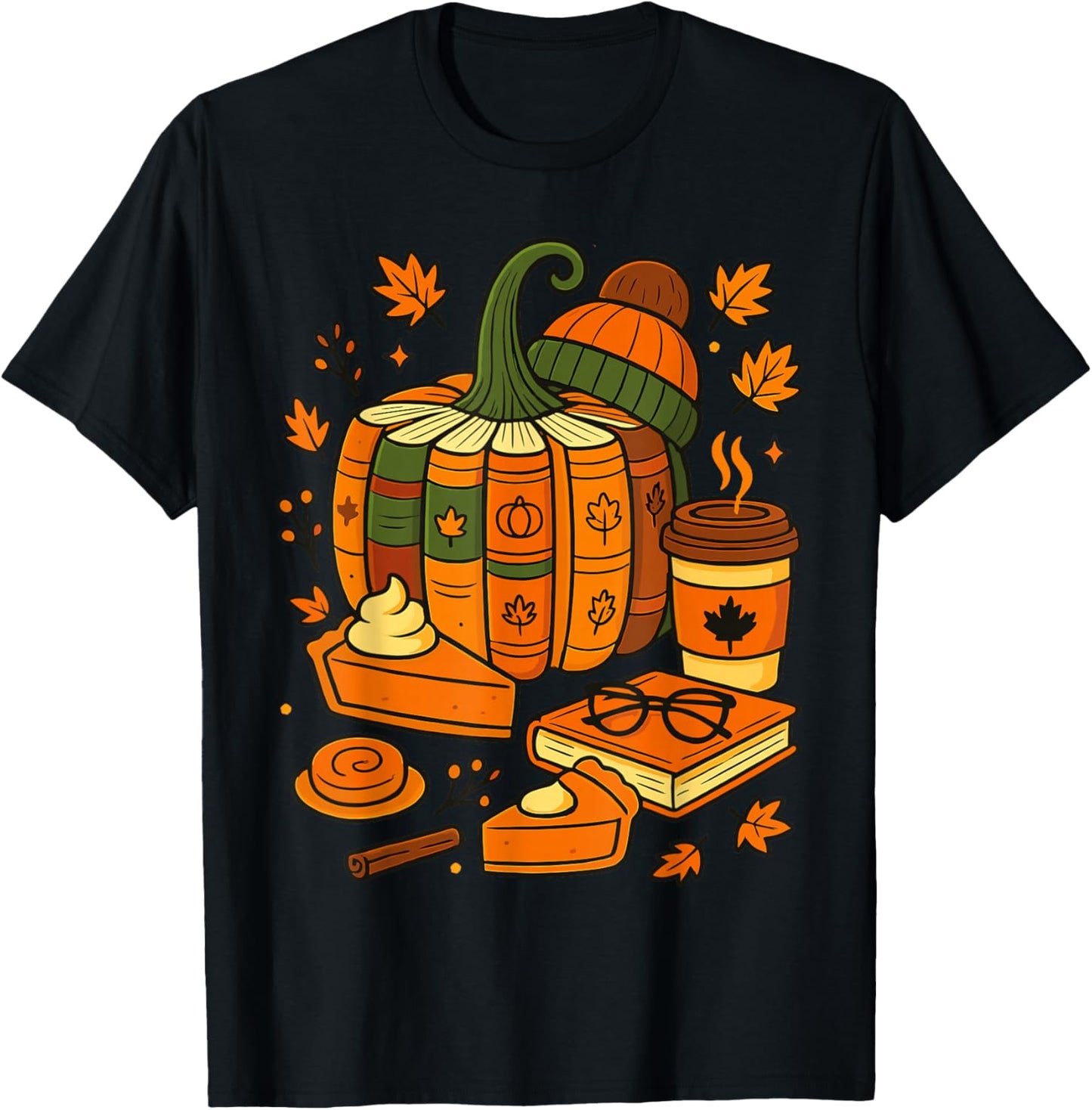 Retro Fall Pumpkin Books Autumn Reading Halloween Teacher T-Shirt - T-Shirt | Black
