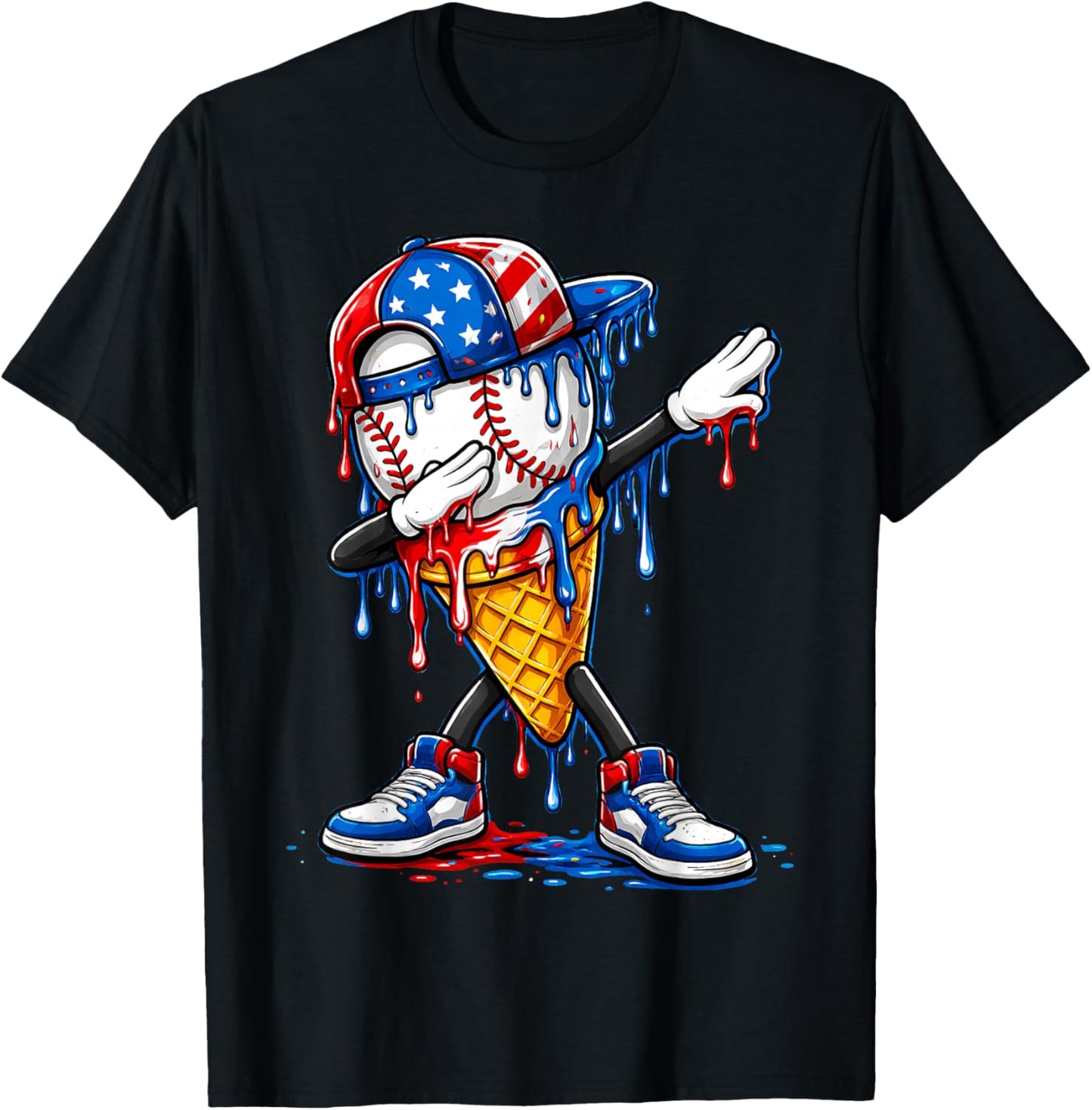 Baseball Drip American Flag for Boys Kids Youth 4th of July T-Shirt - T-Shirt | Black