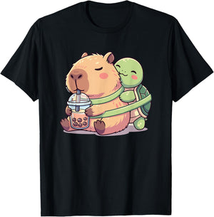 Funny Kawaii Capybara Turtle Boba Tea Cute Men Women Kids T-Shirt - T-Shirt | Black