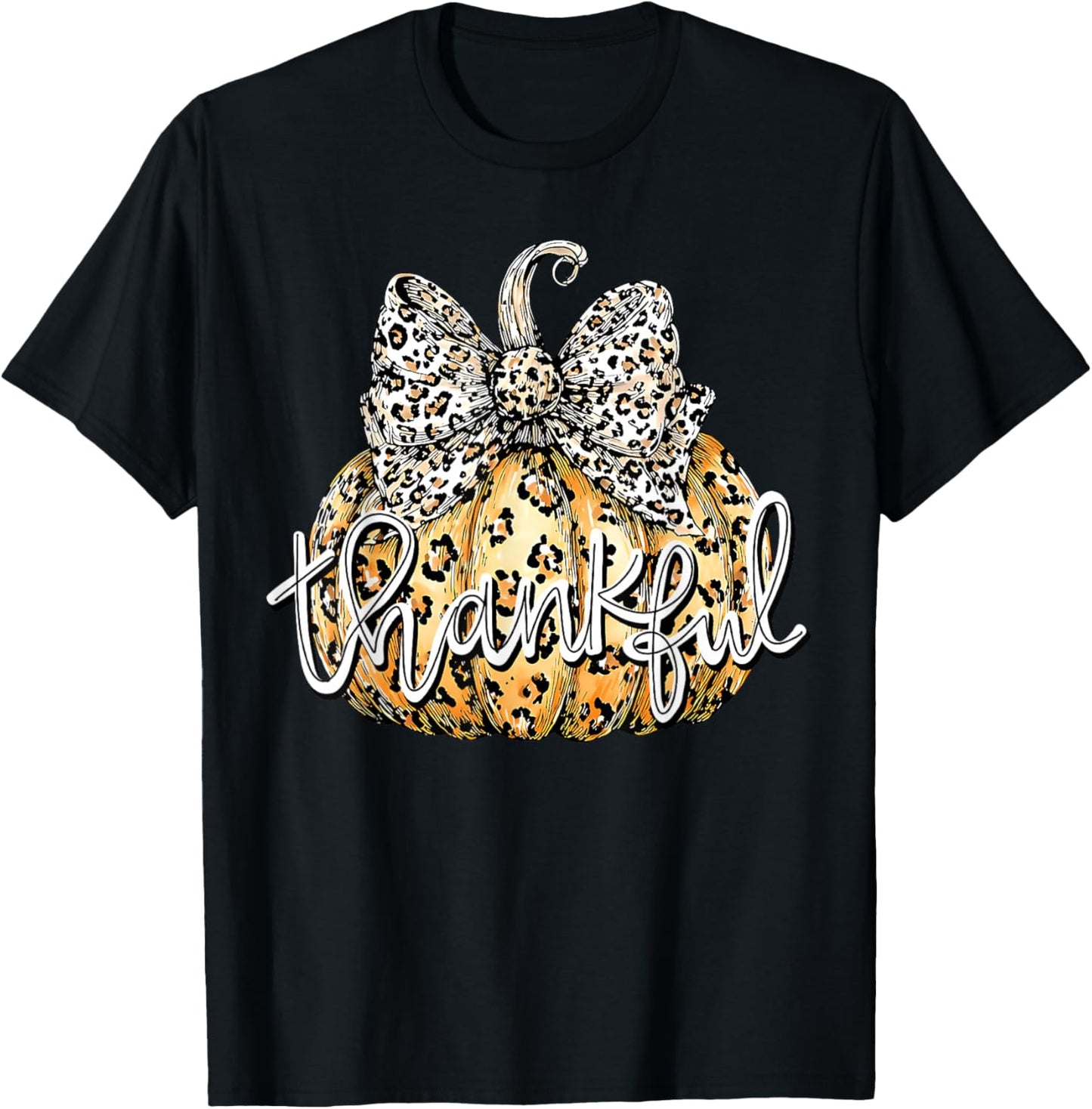Thanksgiving Thankful Grateful Leopard Pumpkin Coquette Bow T-Shirt - T-Shirt | Black