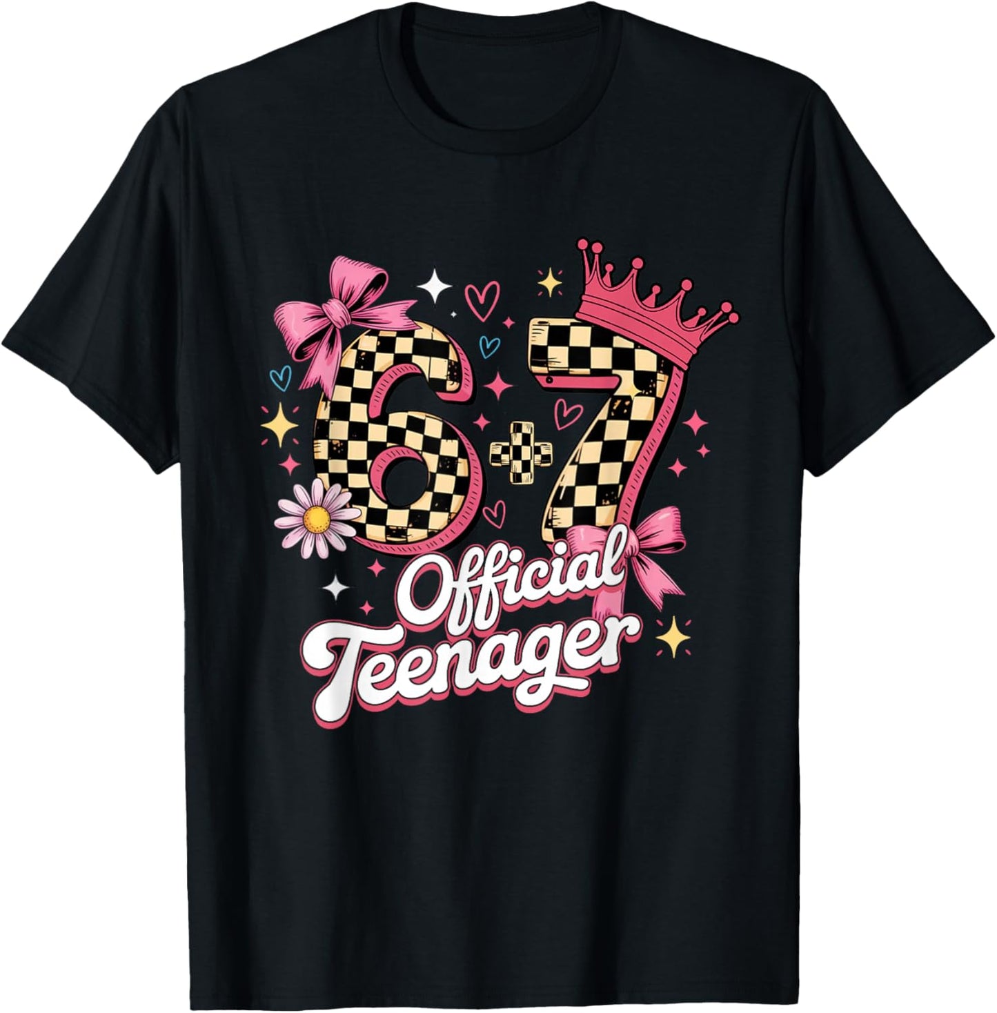 Pink Checkered 13th Birthday 6+7 13 Official Teenager Girls T-Shirt - T-Shirt | Black