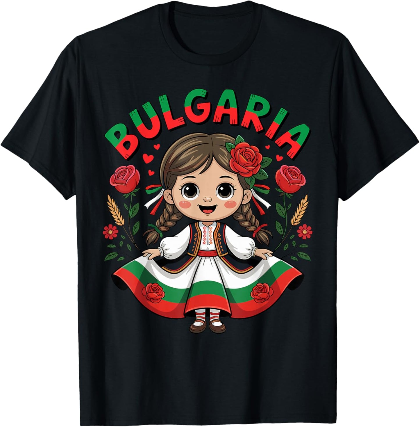 Cute Bulgarian Girl in Traditional Folk Dress for Kids T-Shirt - T-Shirt | Black