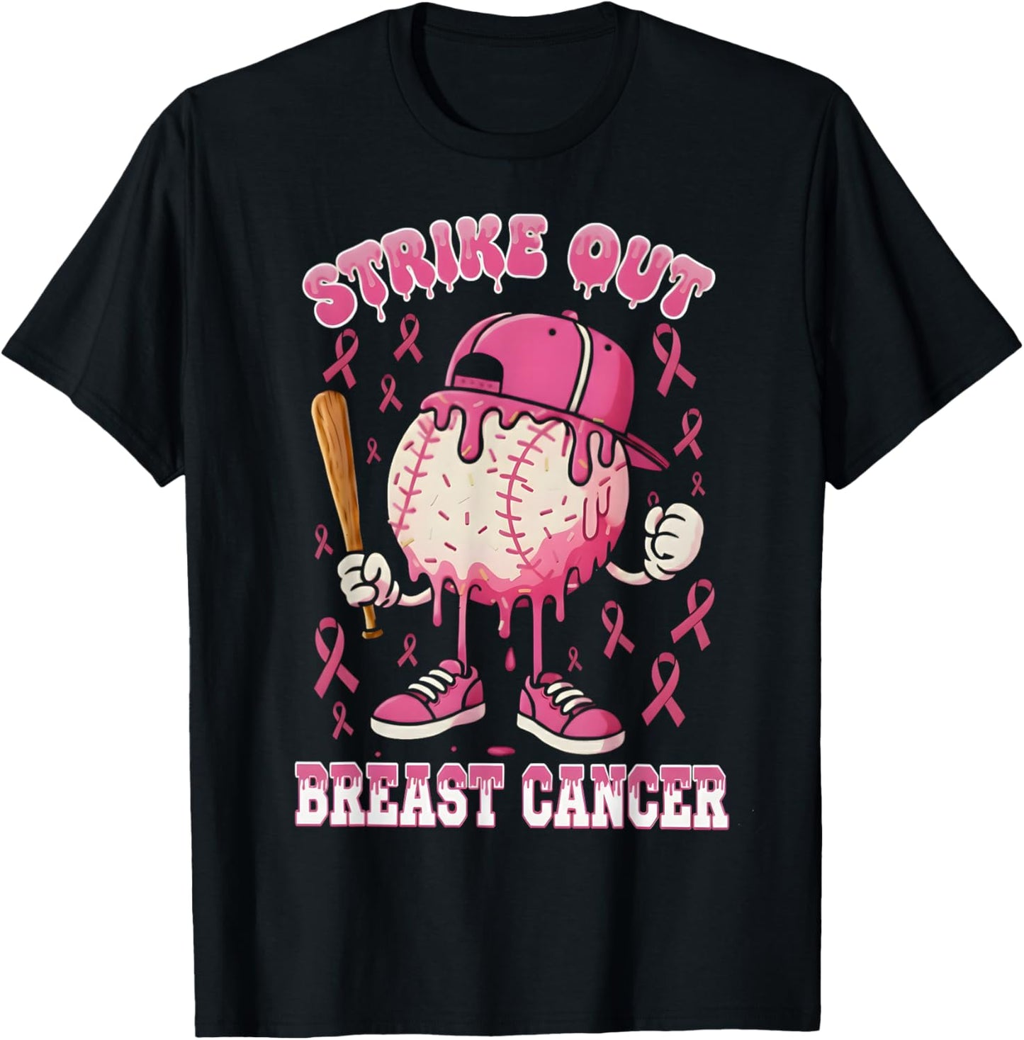 Baseball Drip Ice Cream Strike Out Breast Cancer Awareness T-Shirt - T-Shirt | Black