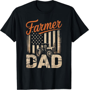 Farmer Dad Tractor and American Flag Fathers Farming T-Shirt - T-Shirt | Black