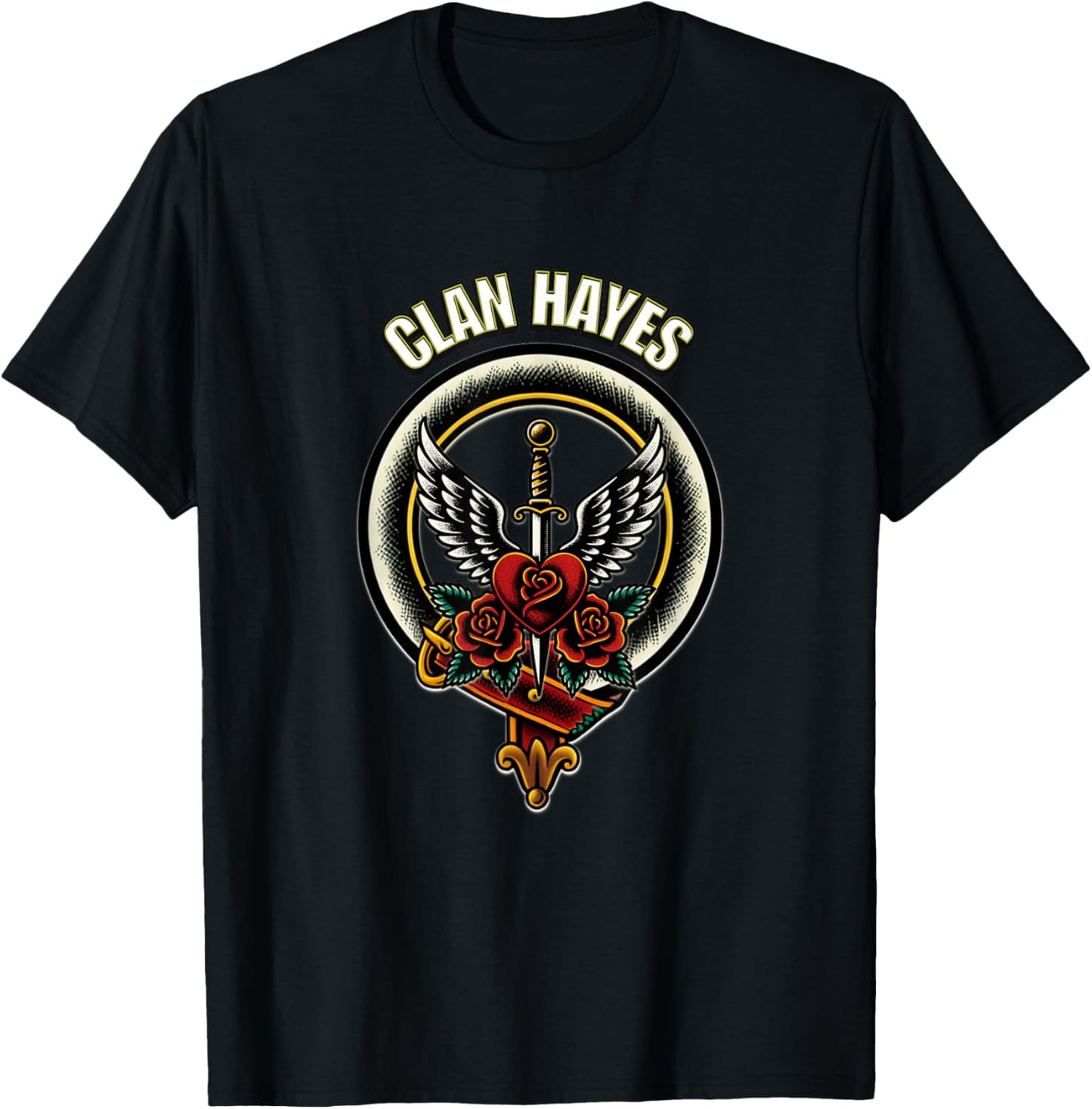 Clan Hayes Sword Heart Tattoo Style Design T-Shirt - T-Shirt | Black